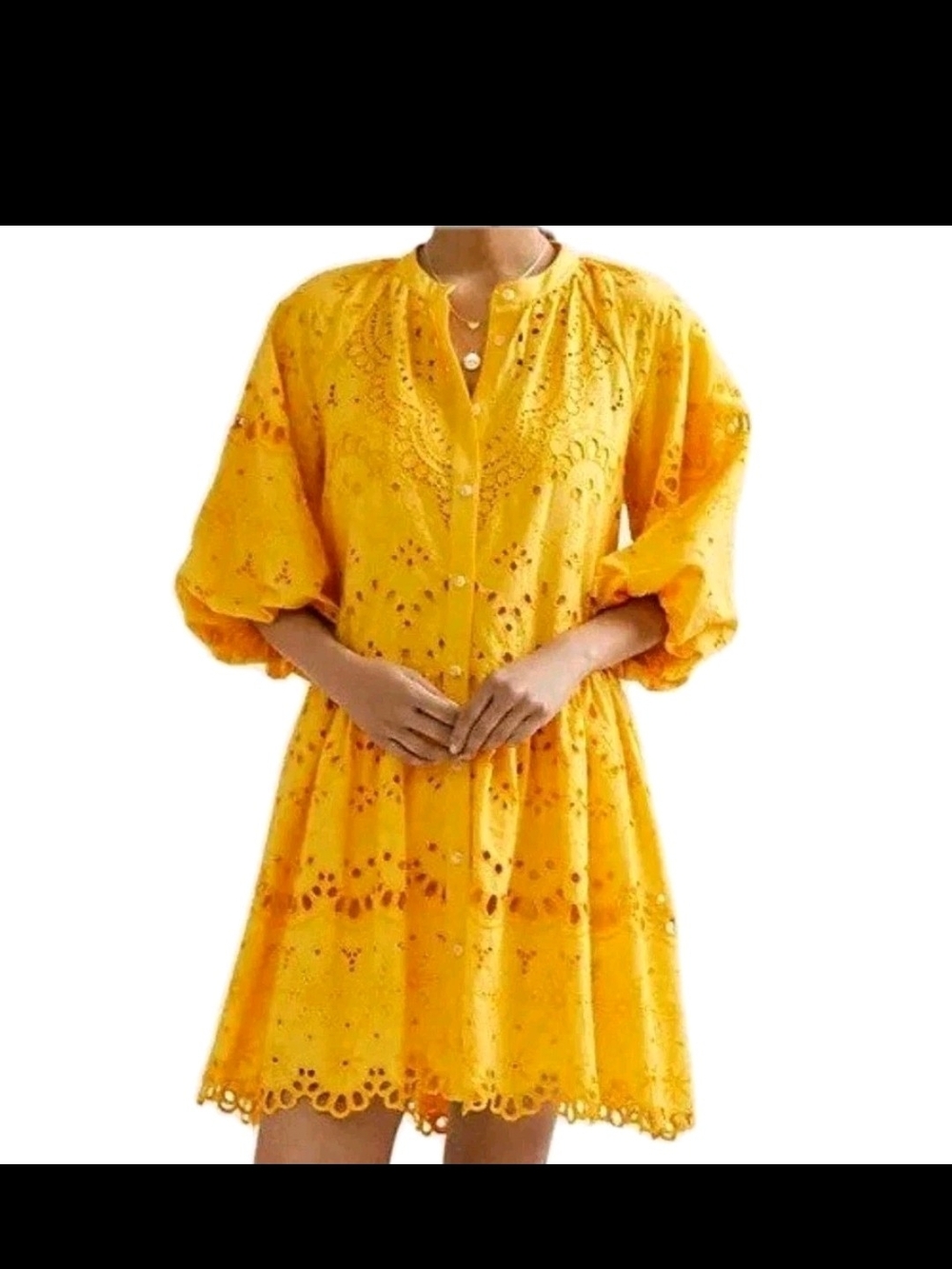 Anthropologie Bright Yellow Eyelet Button-Front Mini Dress